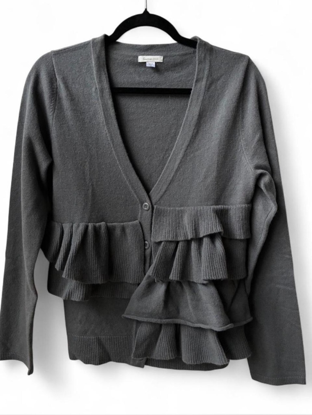 Garnet Hill 100% wool gray button up cardigan asymmetrical ruffles coquette S